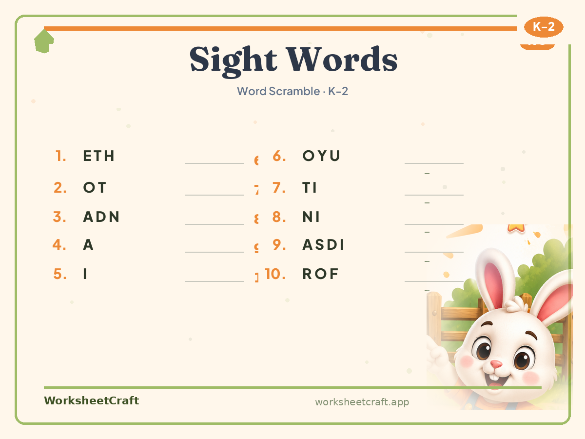 Free printable sight words Word Scramble worksheet PDF for Grades K–2