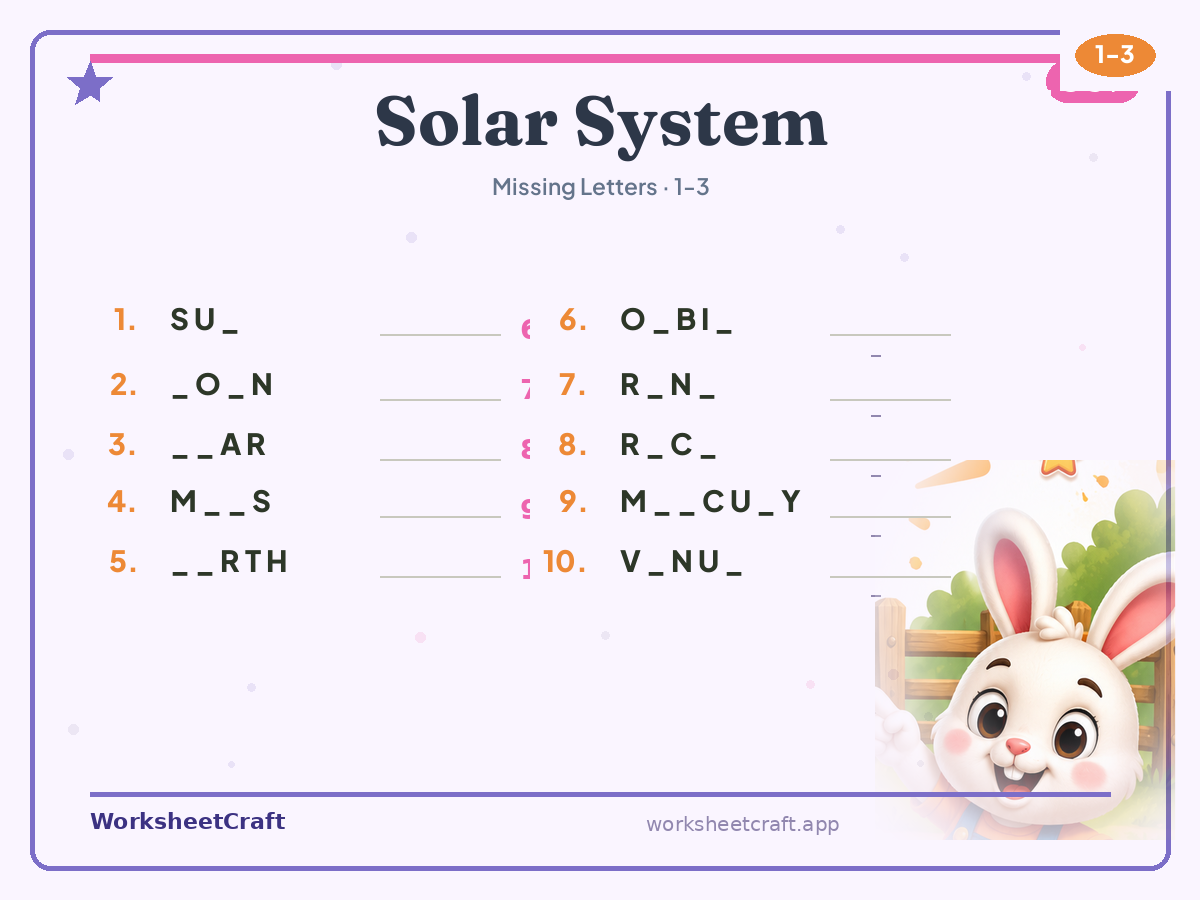Free printable solar system Missing Letters worksheet PDF for Grades 1–3