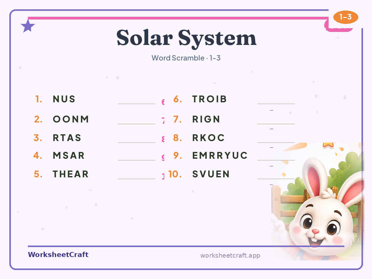 Free printable solar system Word Scramble worksheet PDF for Grades 1–3