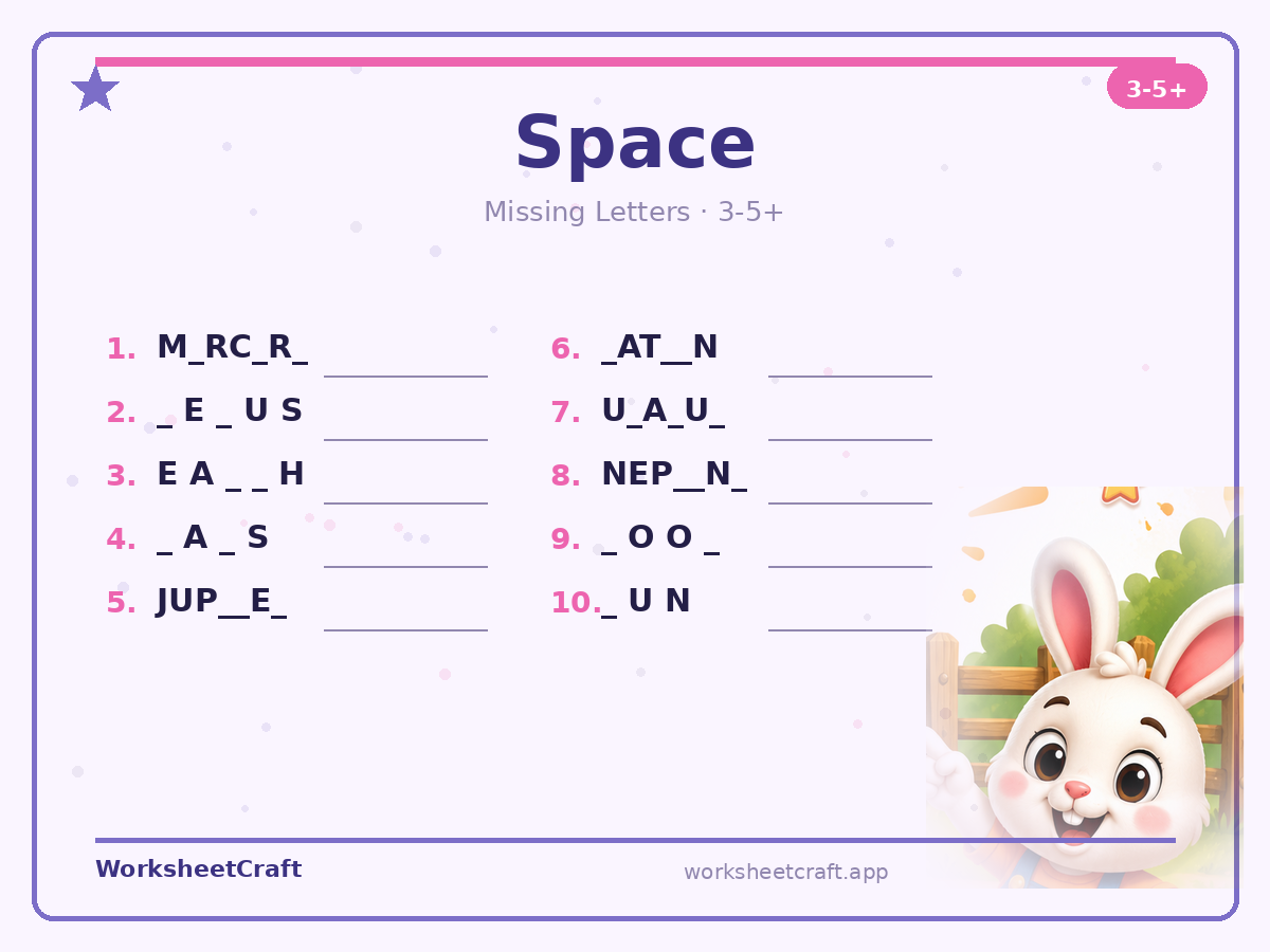 Free printable space Missing Letters worksheet PDF for Grades 3–5+
