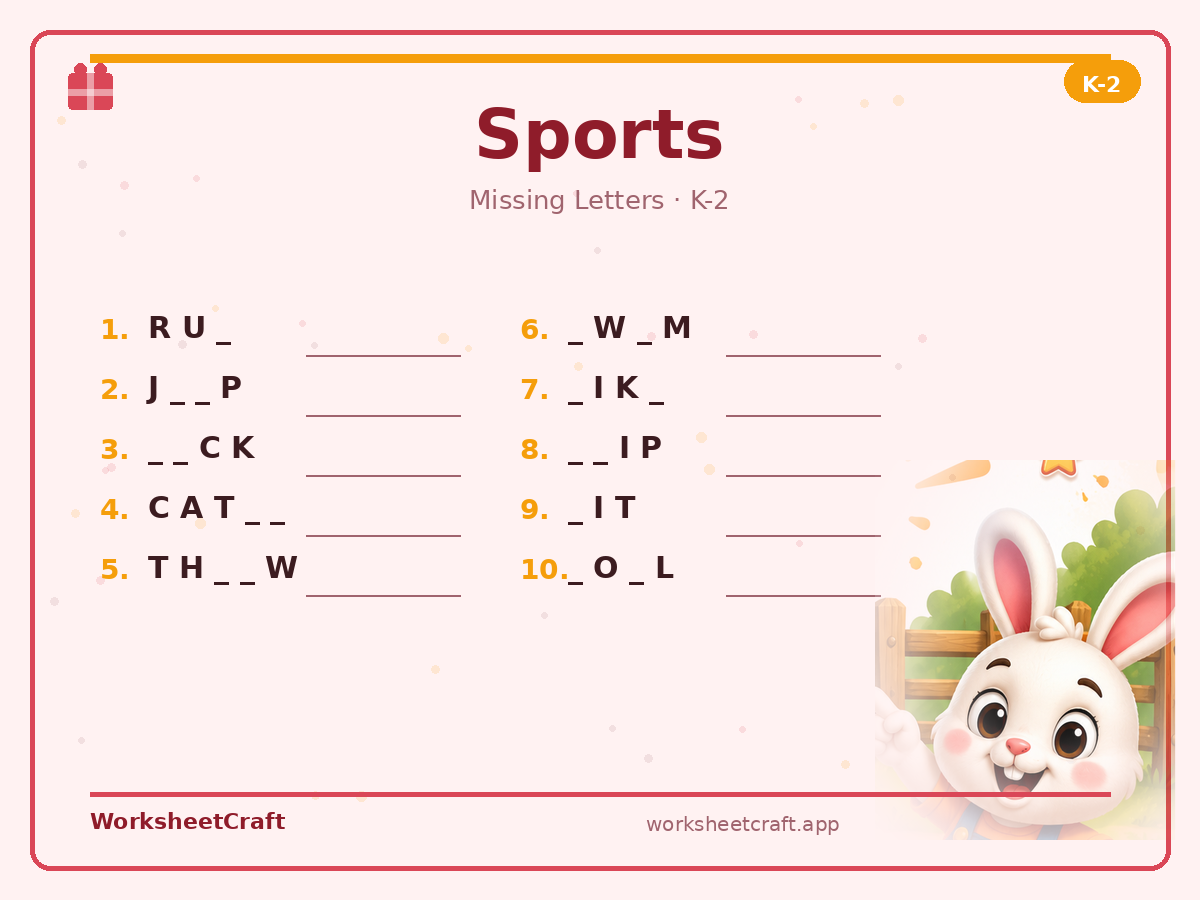 Free printable sports Missing Letters worksheet PDF for Grades K–2