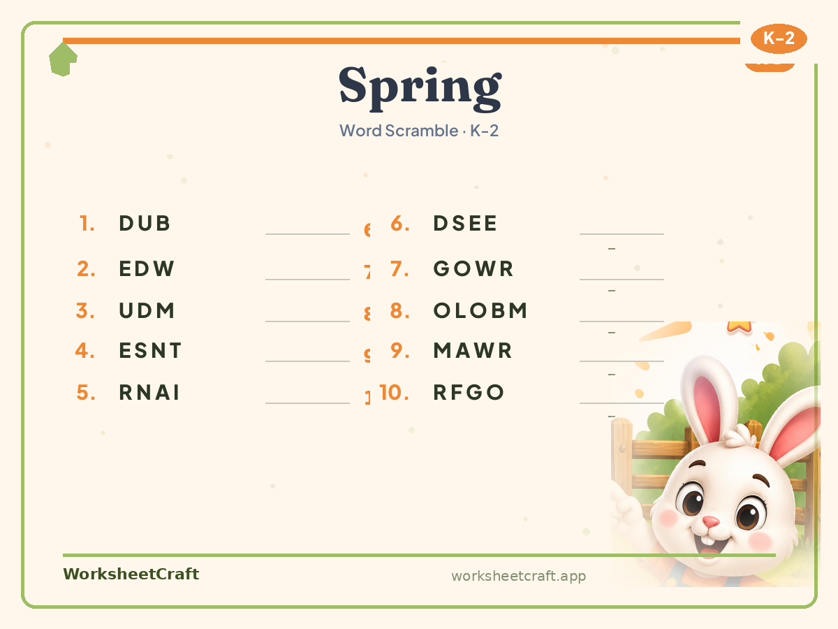 Free printable spring Word Scramble worksheet PDF for Grades K–2