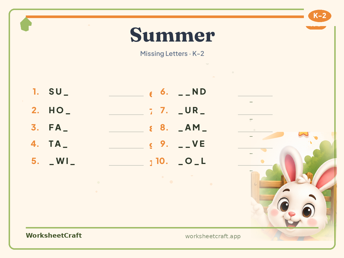 Free printable summer Missing Letters worksheet PDF for Grades K–2