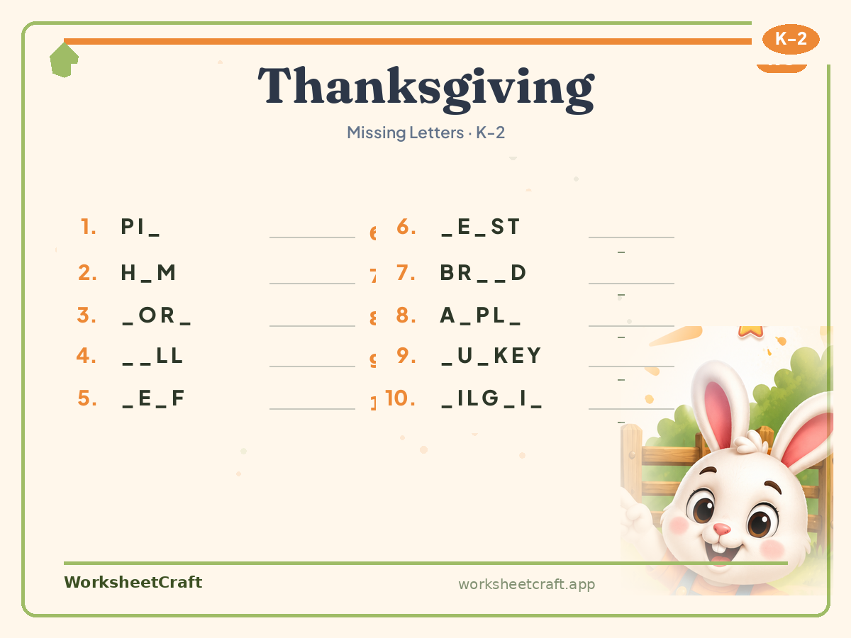 Free printable thanksgiving Missing Letters worksheet PDF for Grades K–2