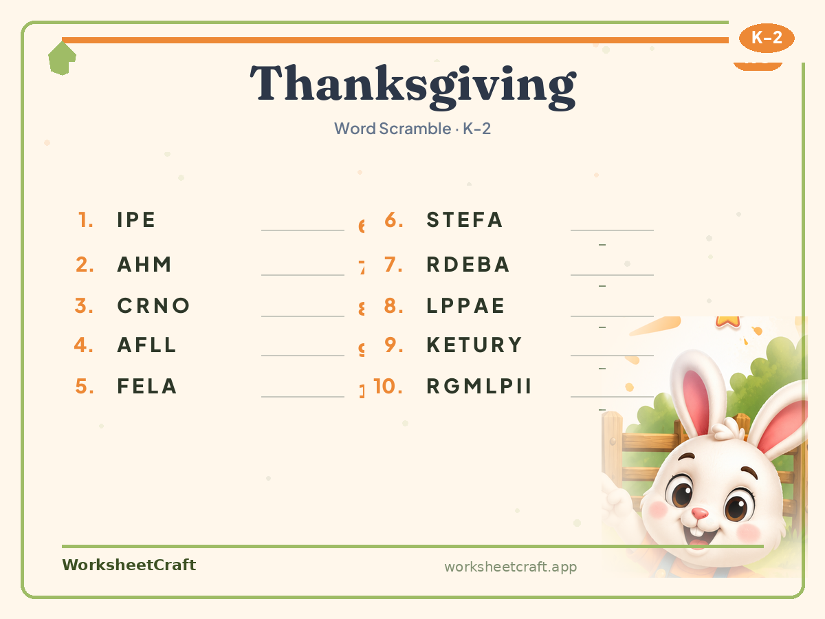 Free printable thanksgiving Word Scramble worksheet PDF for Grades K–2