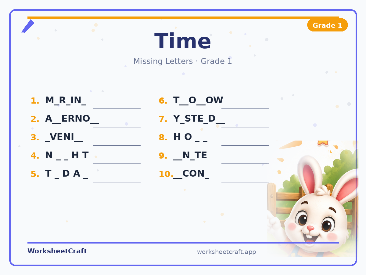 Free printable time Missing Letters worksheet PDF for Grade 1