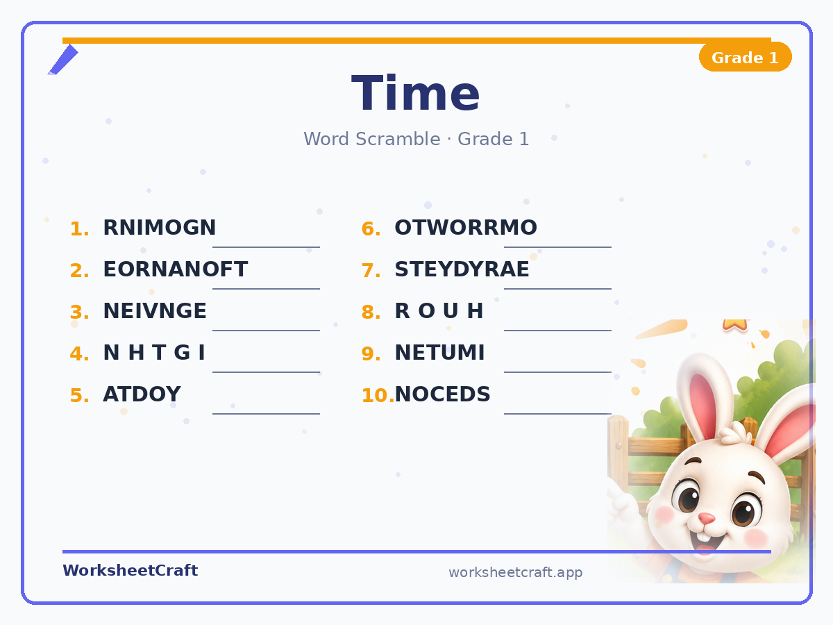Free printable time Word Scramble worksheet PDF for Grade 1