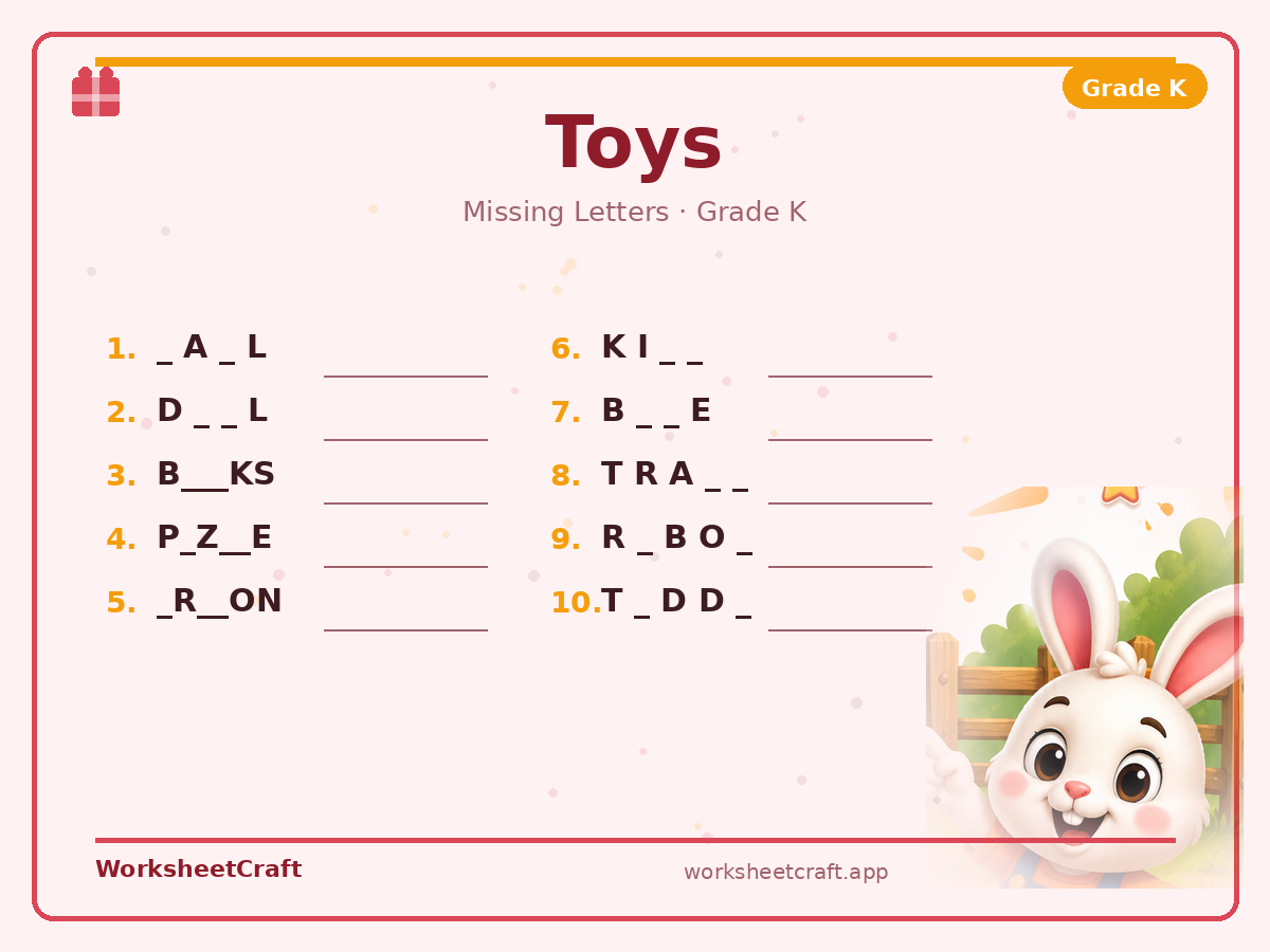 Free printable toys Missing Letters worksheet PDF for Grade K