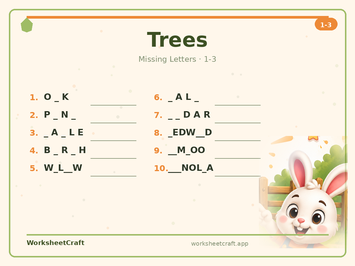 Free printable trees Missing Letters worksheet PDF for Grades 1–3