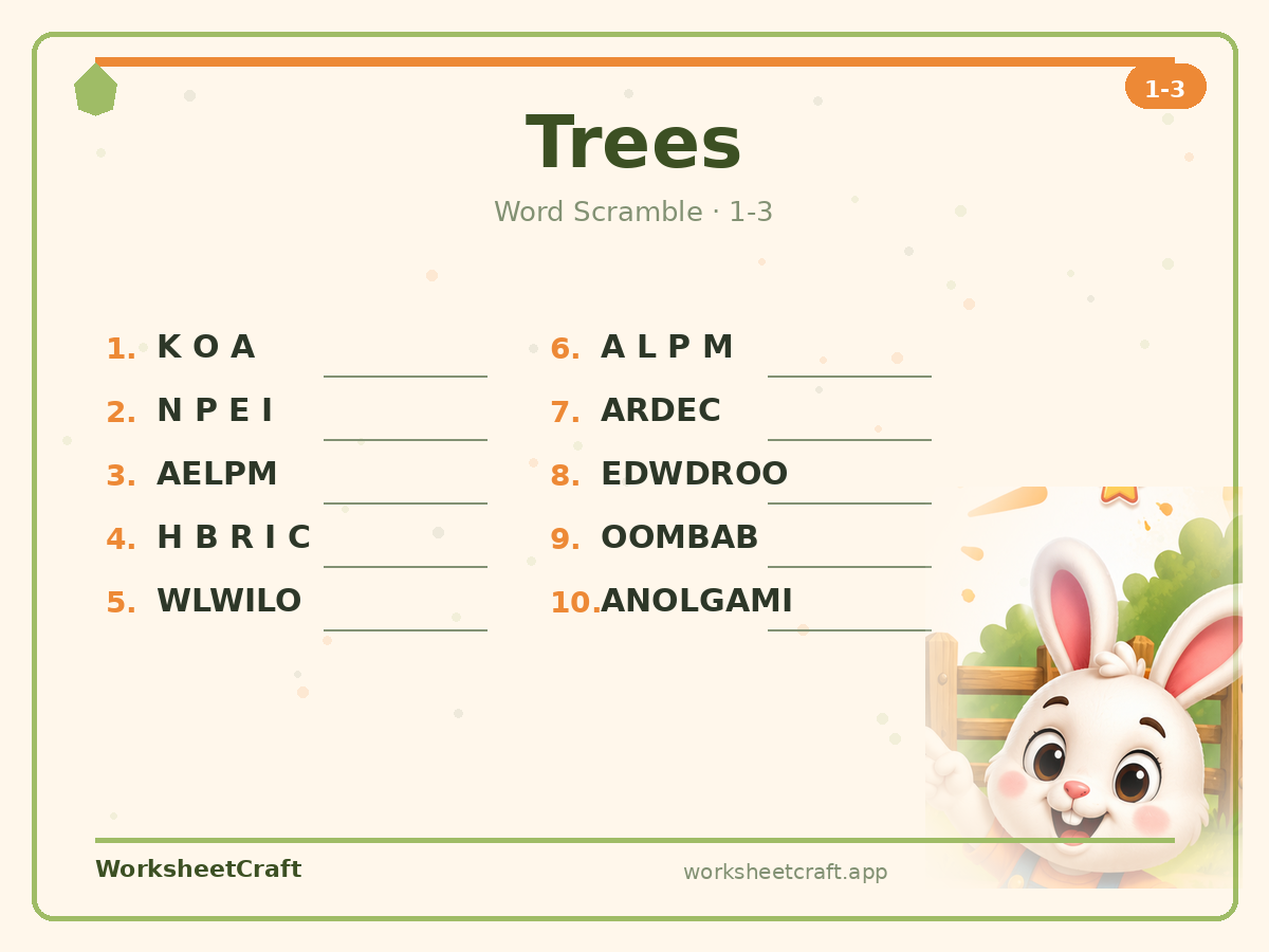 Free printable trees Word Scramble worksheet PDF for Grades 1–3