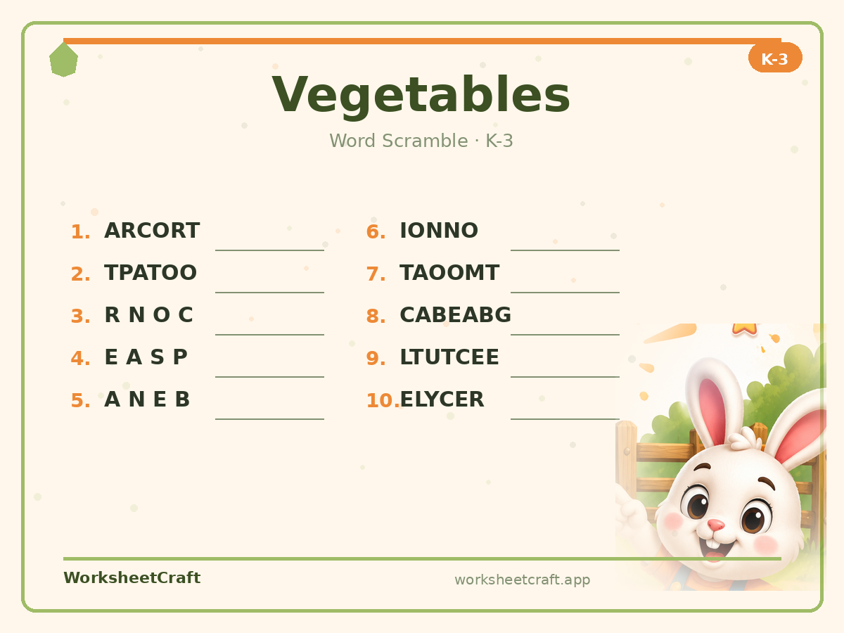 Free printable vegetables Word Scramble worksheet PDF for Grades K–3