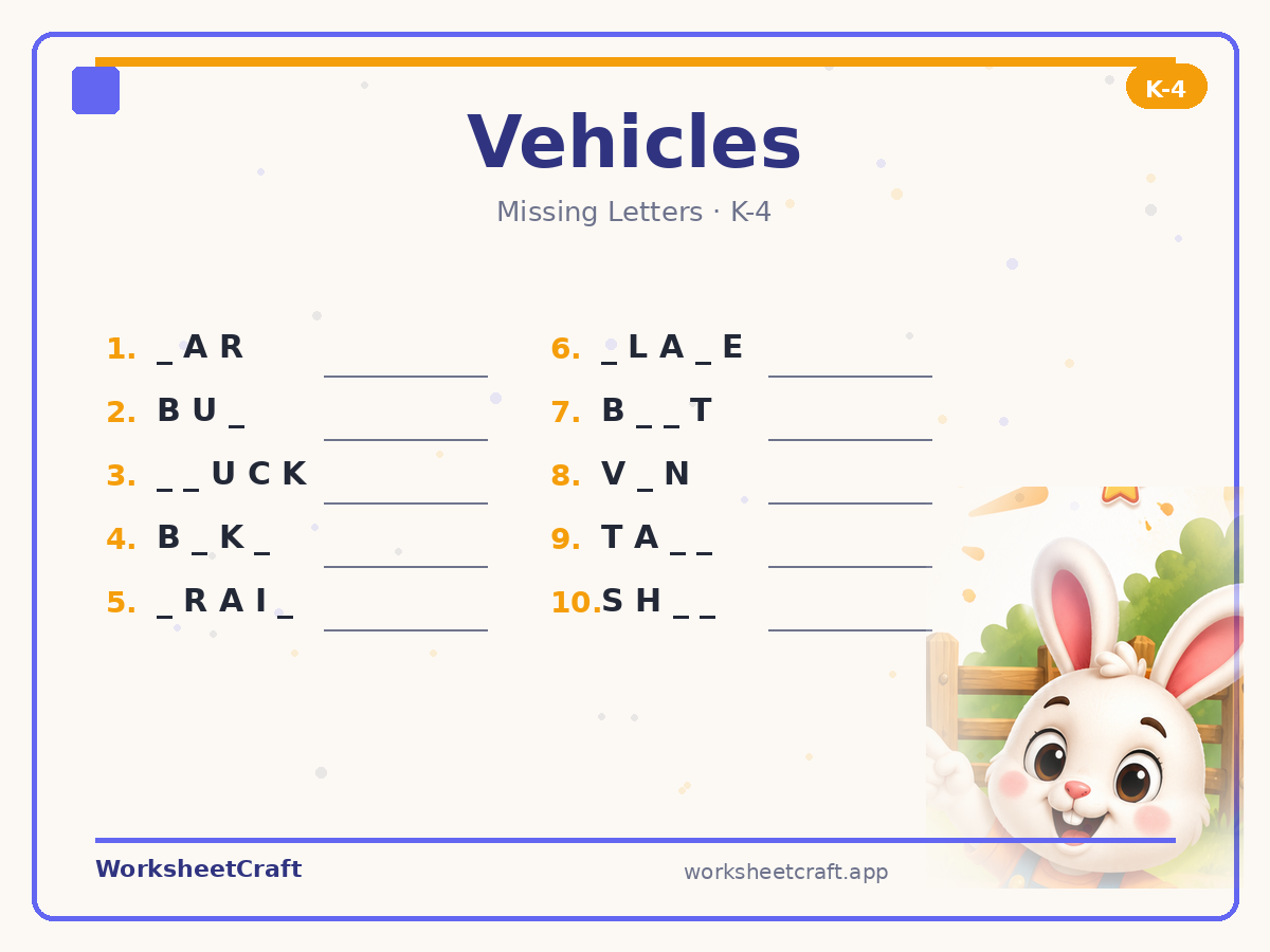 Free printable vehicles Missing Letters worksheet PDF for Grades K–4