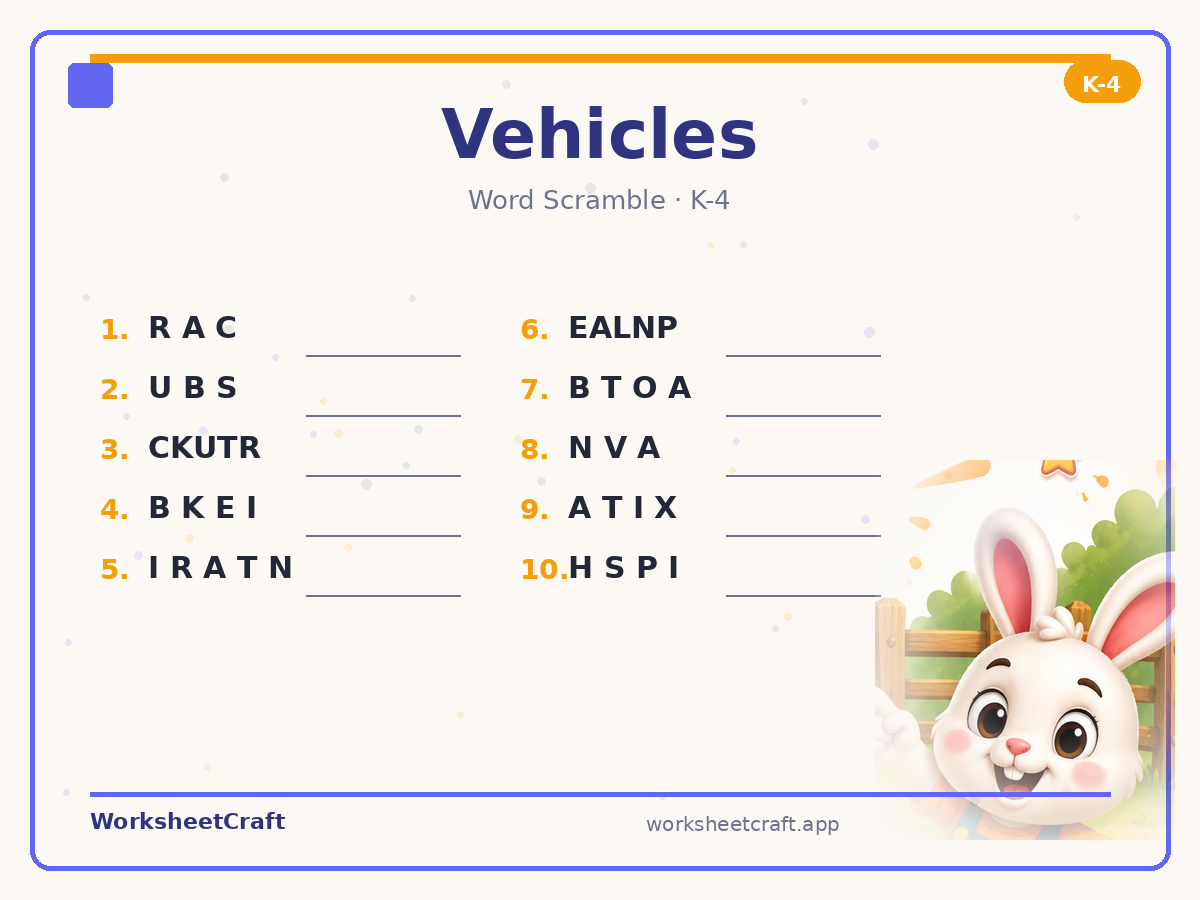 Free printable vehicles Word Scramble worksheet PDF for Grades K–4