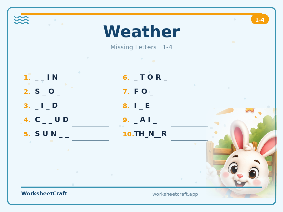 Free printable weather Missing Letters worksheet PDF for Grades 1–4