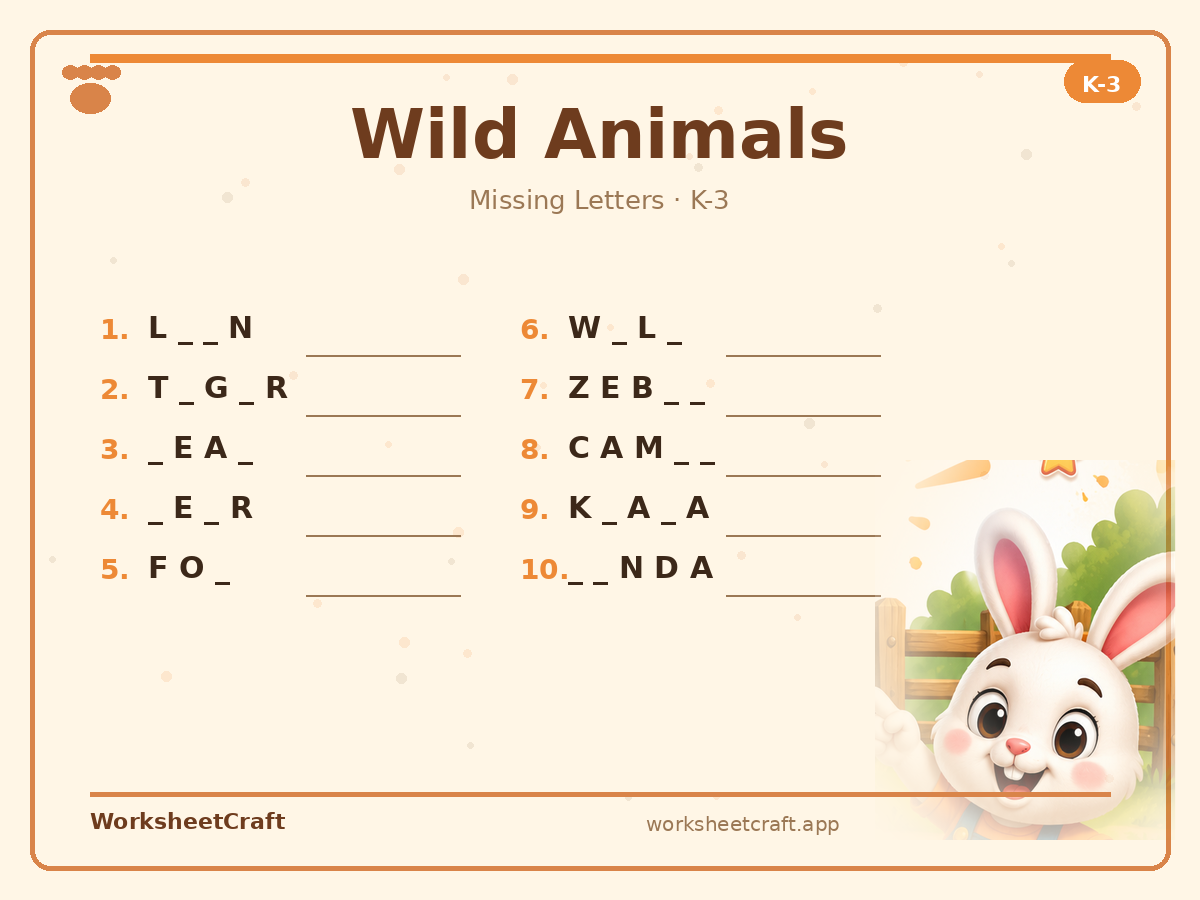 Free printable wild animals Missing Letters worksheet PDF for Grades K–3