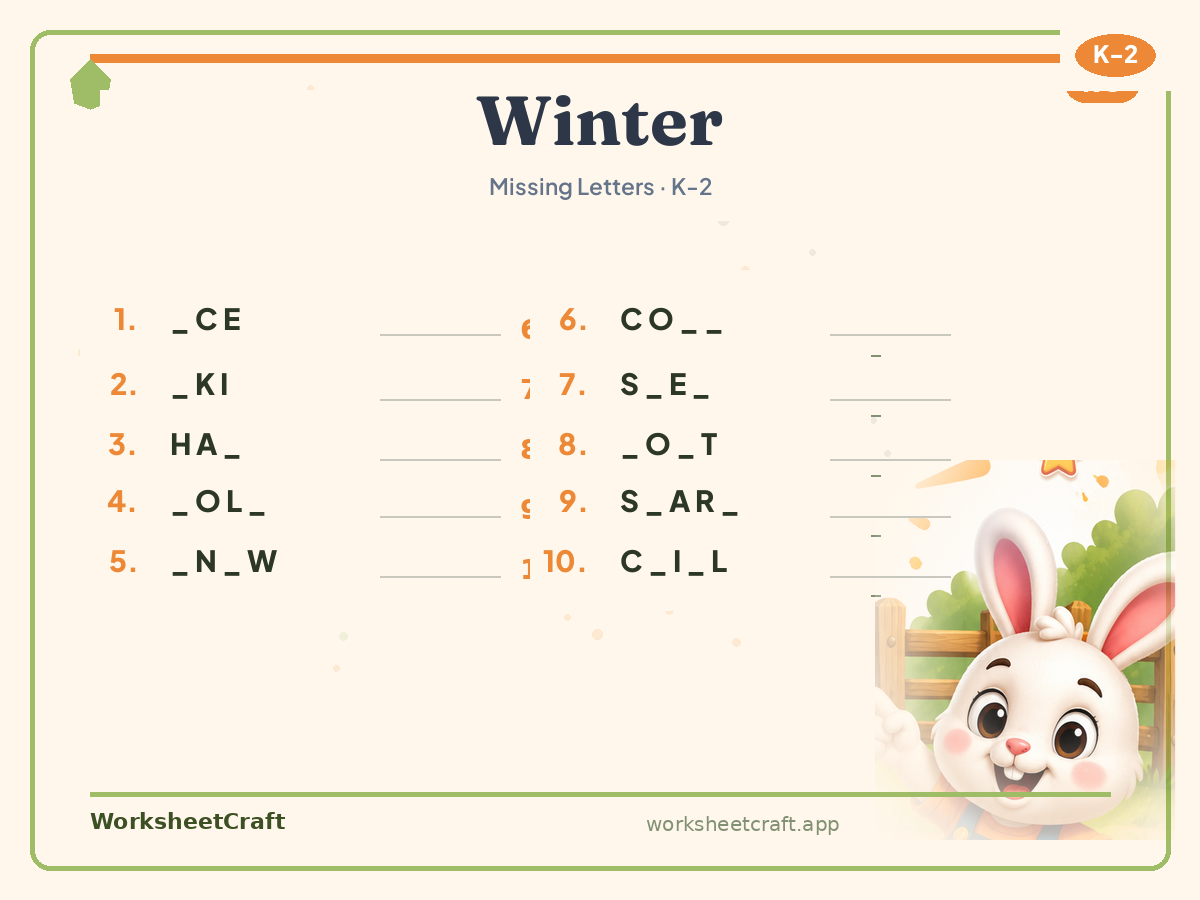 Free printable winter Missing Letters worksheet PDF for Grades K–2