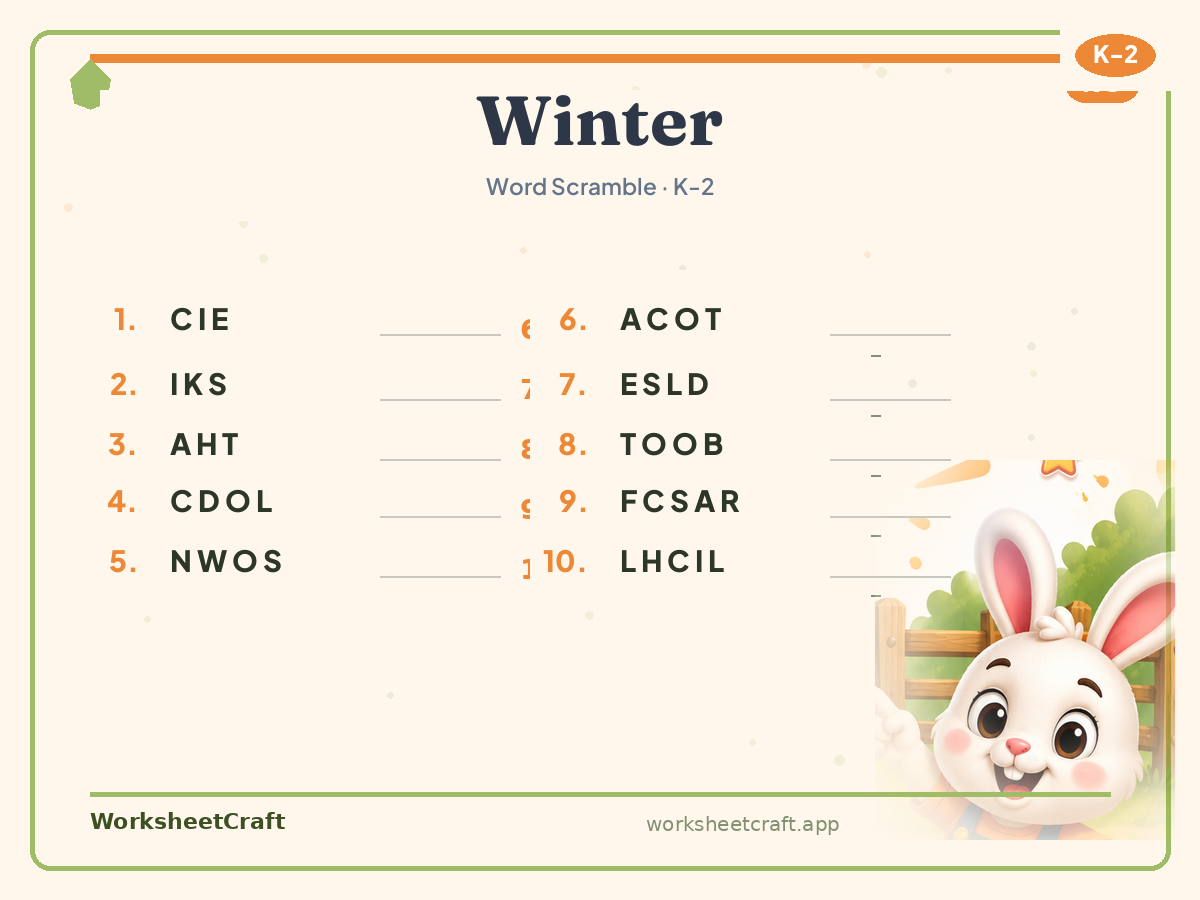 Free printable winter Word Scramble worksheet PDF for Grades K–2