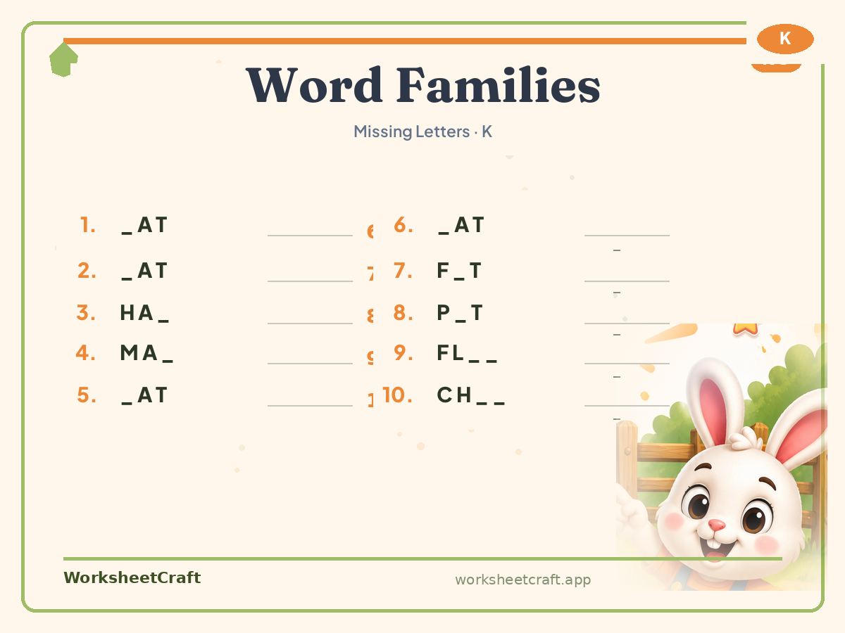 Free printable word families Missing Letters worksheet PDF for Grade K