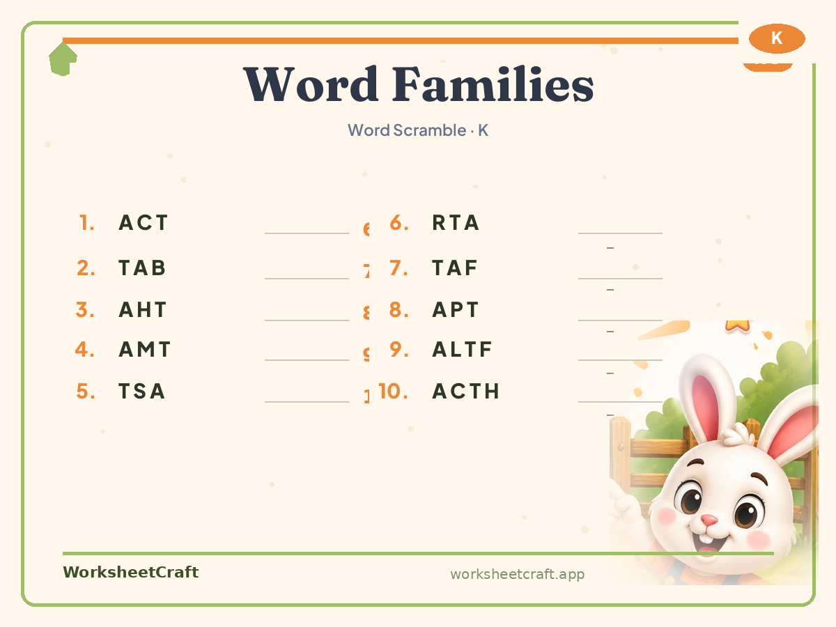 Free printable word families Word Scramble worksheet PDF for Grade K